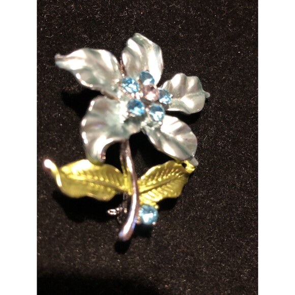 UNSIGNED Jewelry - Vtg Blue Green Enamel & Blue Rhinestone Flower Brooch / Pin China
